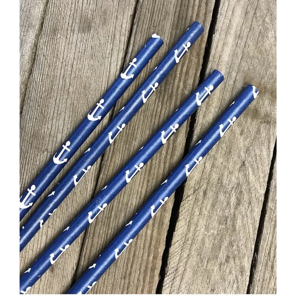 Anchor Nautical Themed Paper Straws - Navy Blue White - 7.75 Inches - 75 Pack